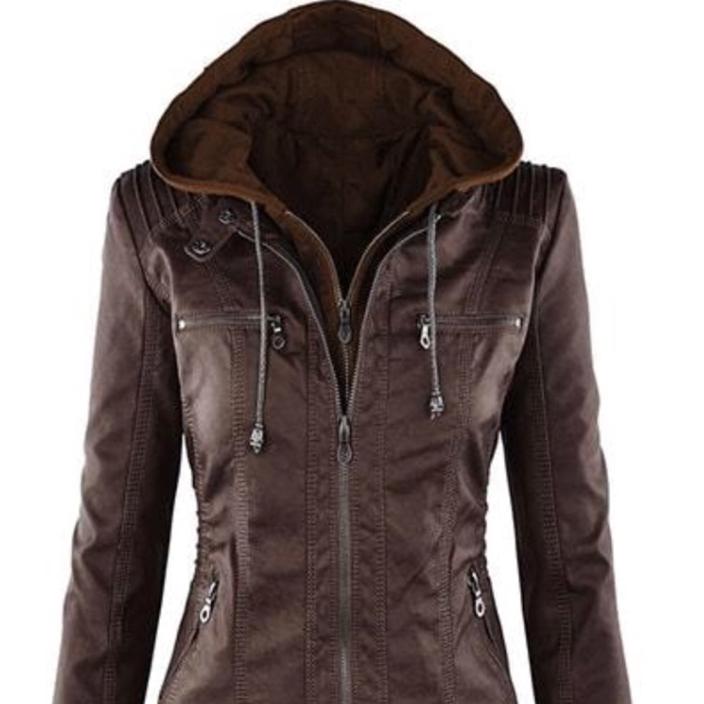 Brown hooded bomber length jacket